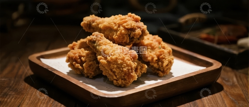 高清大图下载【趣麦麦图】金黄酥脆炸鸡块堆叠在木质托盘上