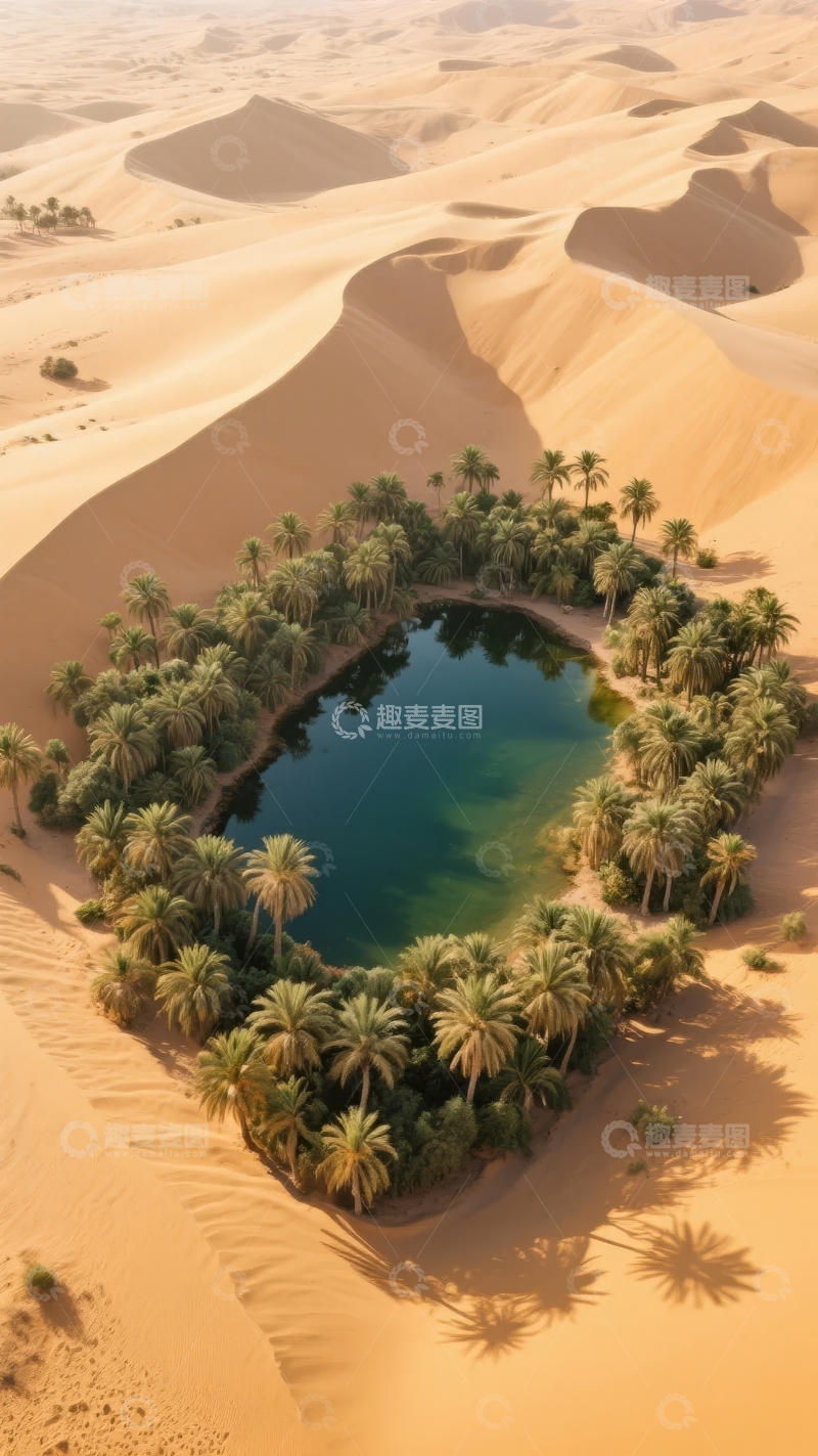 高清大图下载【趣麦麦图】沙漠绿洲中碧蓝湖泊与棕榈树环绕的宁静景象