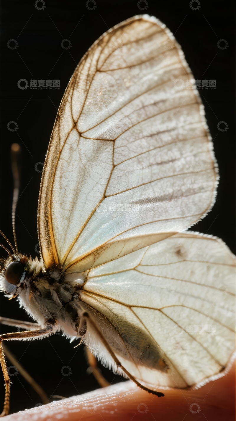 高清大图下载【趣麦麦图】白色蝴蝶翅膀特写展示精致脉络与细腻纹理