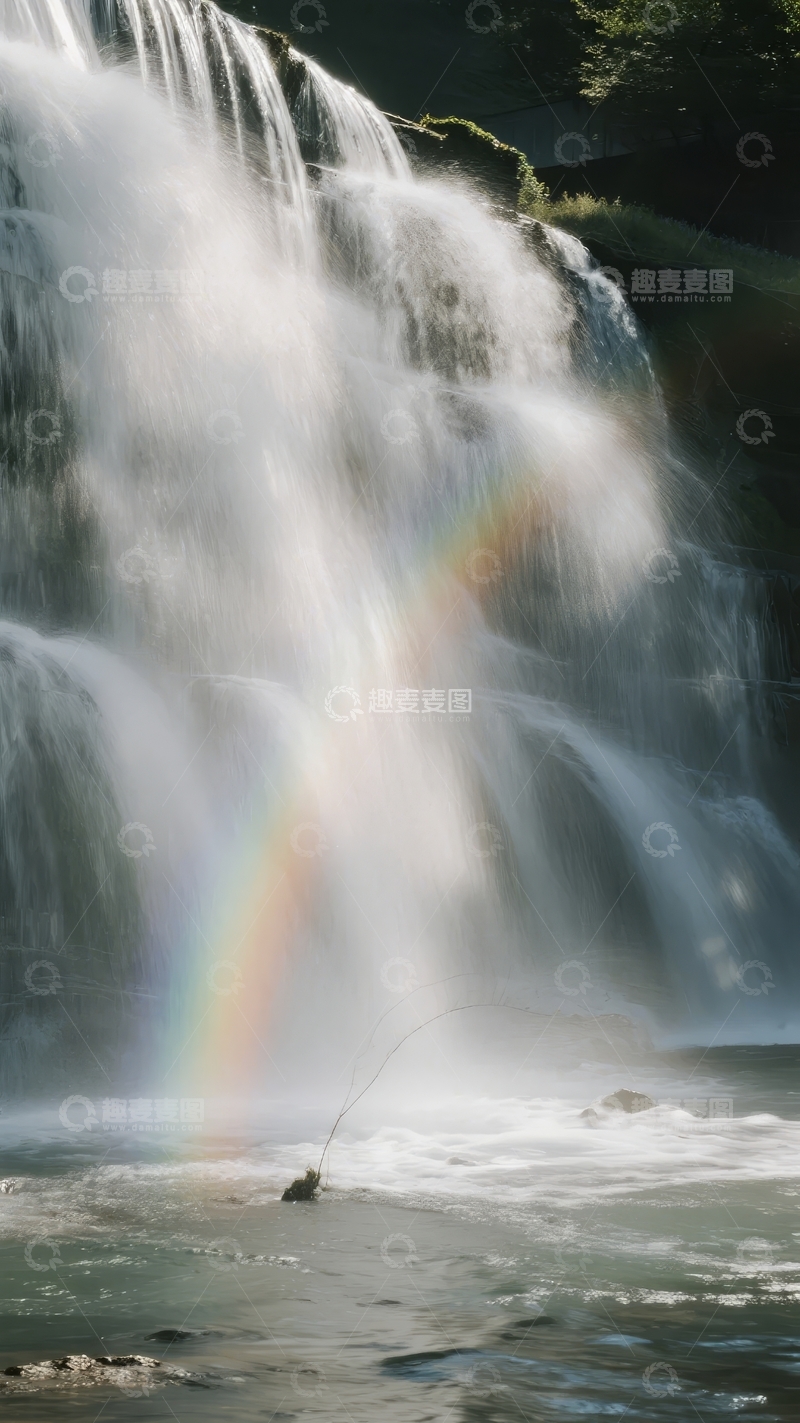 高清大图下载【趣麦麦图】瀑布水流飞溅形成彩虹自然景观