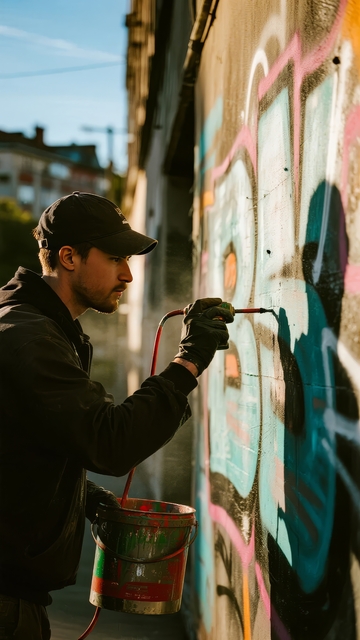 街头艺术家使用喷漆罐在墙上创作涂鸦
