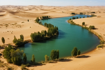 沙漠中的绿洲河流与沙丘景观