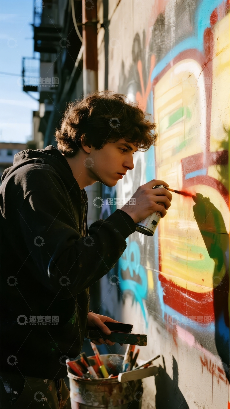 高清大图下载【趣麦麦图】青年男子在户外墙上用喷漆创作涂鸦艺术