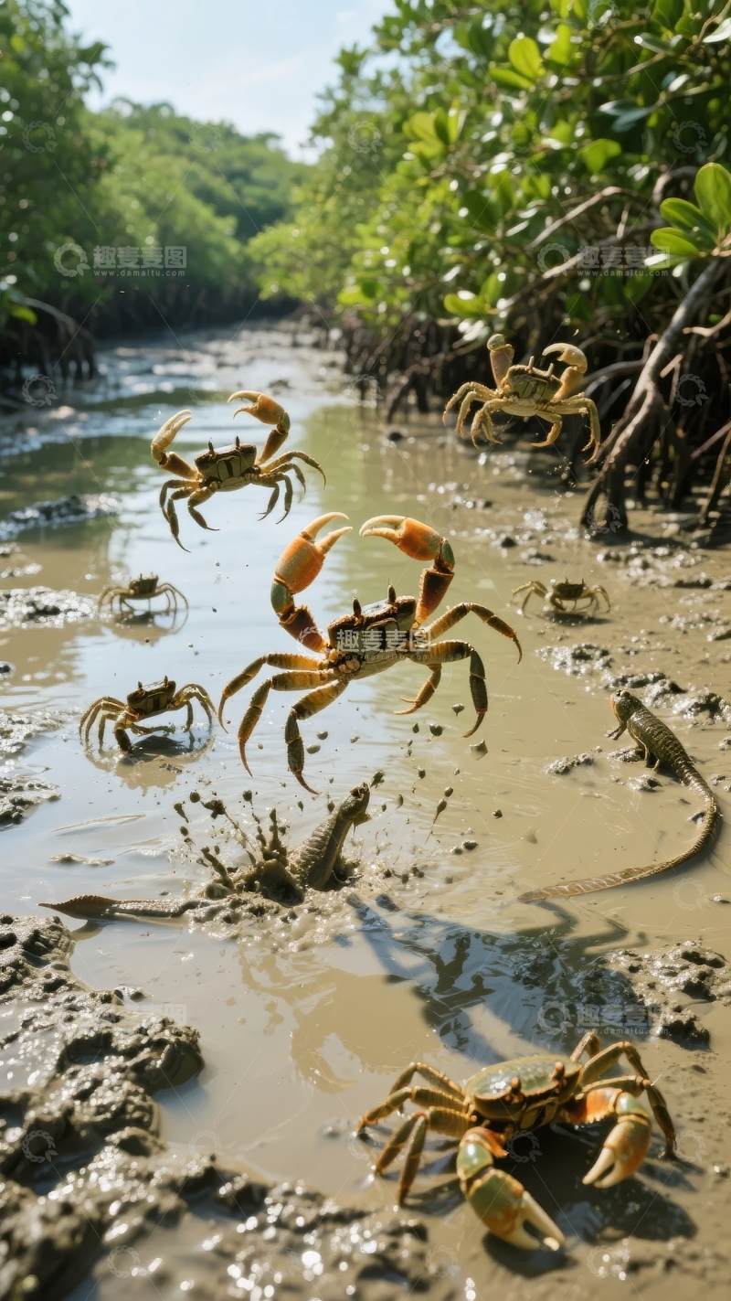 高清大图下载【趣麦麦图】红树林滩涂上螃蟹跳跃觅食的生动瞬间