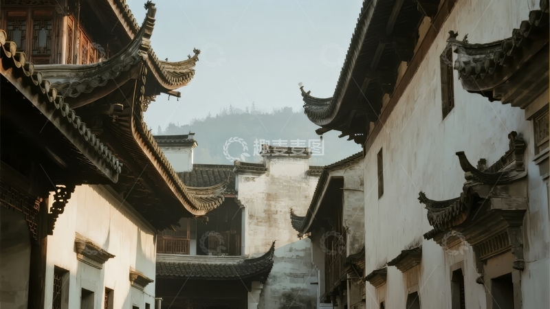 高清大图下载【趣麦麦图】古朴中式建筑群庭院视角展现传统屋檐与远山景色
