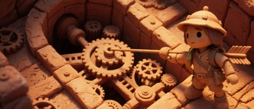微型机械齿轮场景中的探险者玩偶