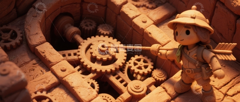高清大图下载【趣麦麦图】微型机械齿轮场景中的探险者玩偶