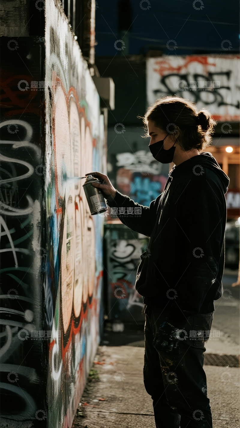 高清大图下载【趣麦麦图】戴着口罩的艺术家在夜晚的墙上进行涂鸦创作