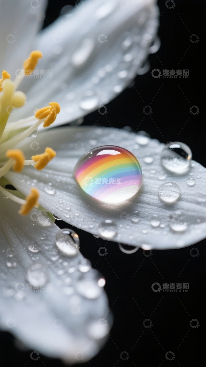 高清大图下载【趣麦麦图】花瓣上的水滴折射出彩虹色彩