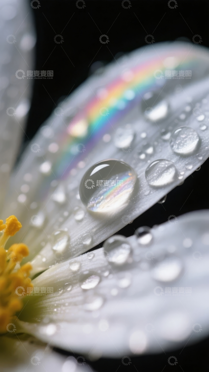 高清大图下载【趣麦麦图】白色花瓣上的水滴折射出彩虹光晕