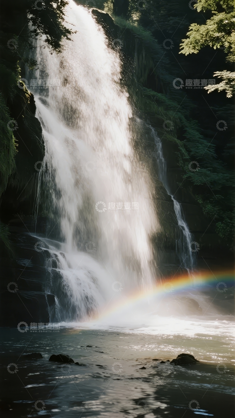 高清大图下载【趣麦麦图】-瀑布在阳光下飞泻彩虹横跨水雾缭绕