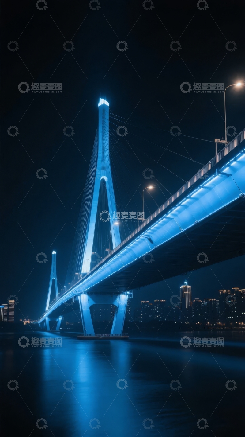 高清大图下载【趣麦麦图】夜晚灯光璀璨的现代化桥梁景观