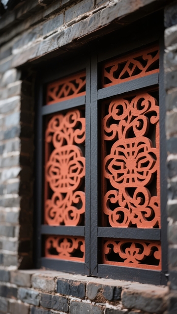 中式建筑窗户上的精美红色镂空雕花图案