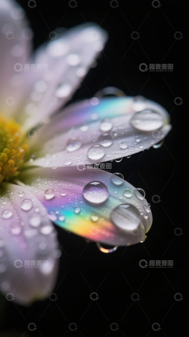 高清大图下载【趣麦麦图】花瓣上晶莹水珠映射彩虹色彩的特写