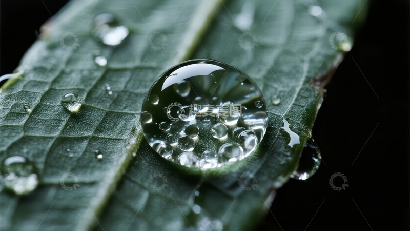 高清大图下载【趣麦麦图】晶莹水滴附着于翠绿叶片之上