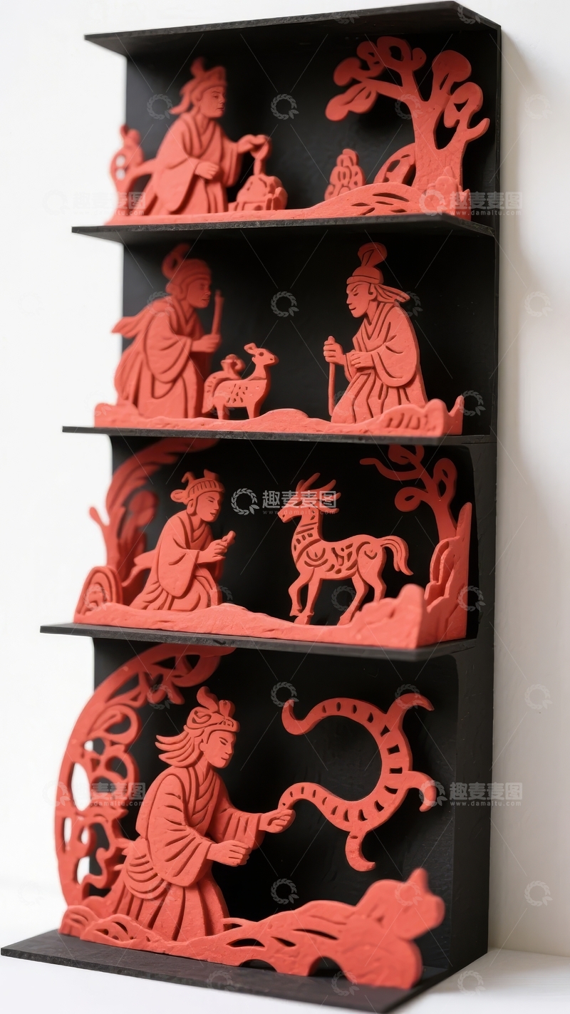 高清大图下载【趣麦麦图】黑色架子上红色立体雕刻展示古代人物与动物场景