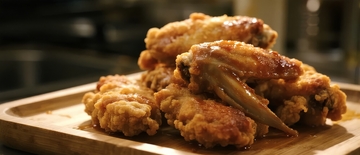 金黄酥脆的炸鸡翅堆放在木质砧板上