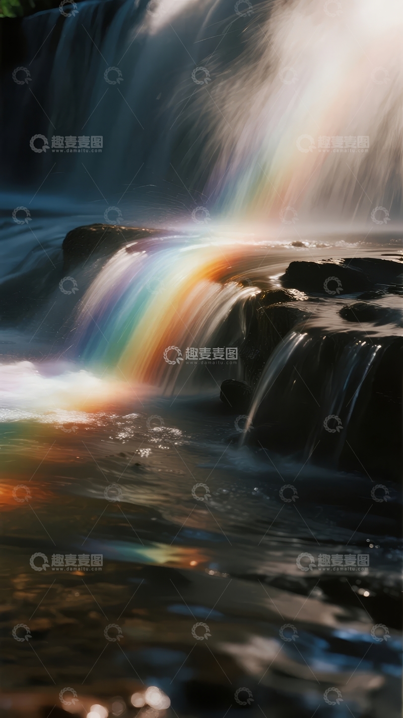 高清大图下载【趣麦麦图】瀑布水流中显现绚丽彩虹景观