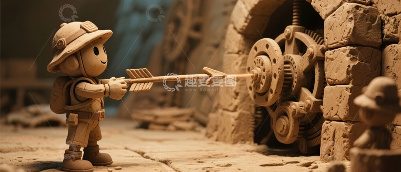 高清大图下载【趣麦麦图】卡通人物用箭操作机械齿轮的场景