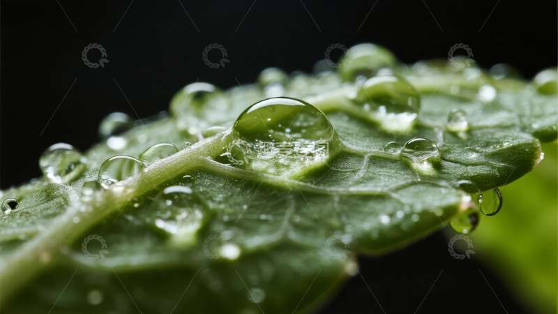 高清大图下载【趣麦麦图】绿叶上的晶莹水珠在暗背景下显得格外清新