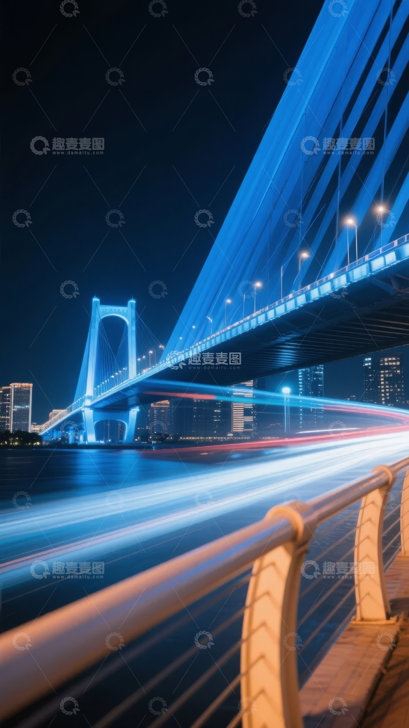高清大图下载【趣麦麦图】夜晚城市中蓝色灯光照亮的斜拉桥与车流