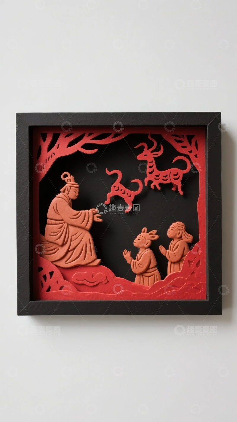高清大图下载【趣麦麦图】红色剪纸艺术作品展示古代人物与动物和谐场景