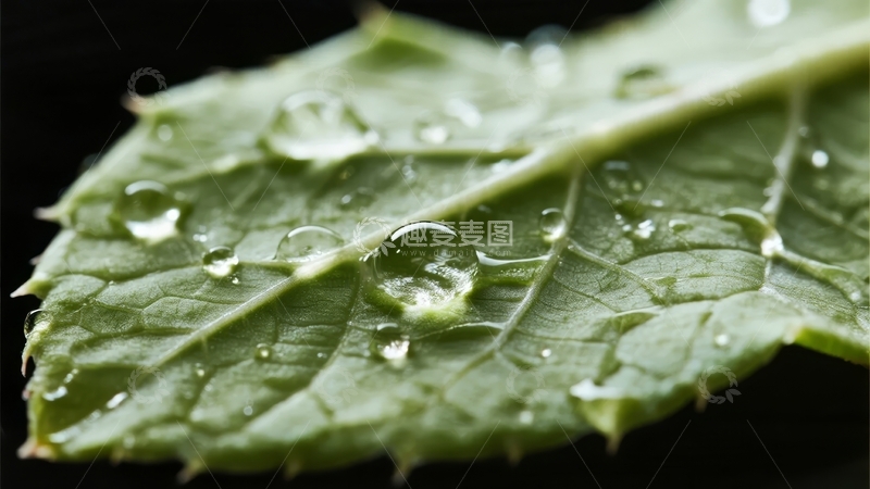 高清大图下载【趣麦麦图】绿叶上的水珠在光线下晶莹剔透