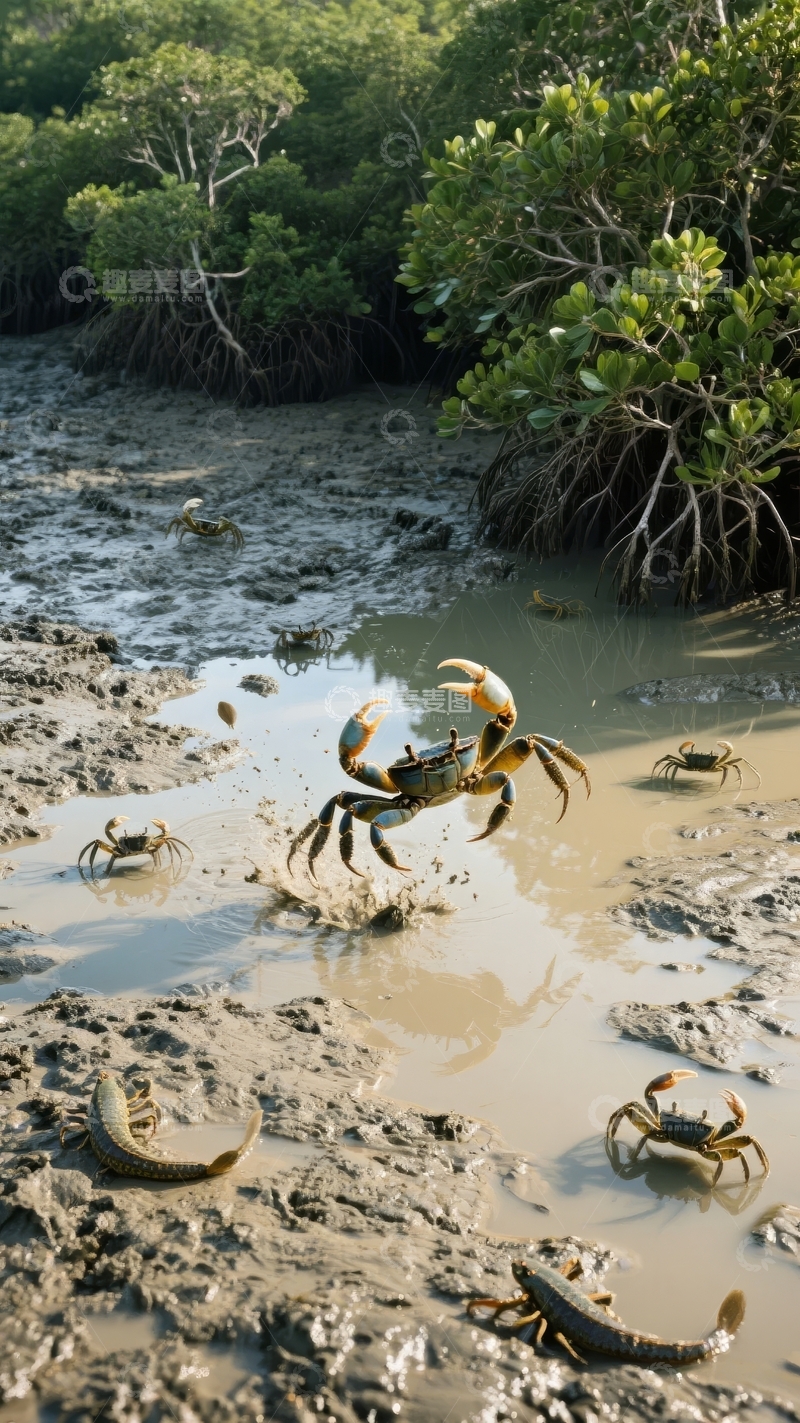 高清大图下载【趣麦麦图】螃蟹在红树林湿地泥滩上活动