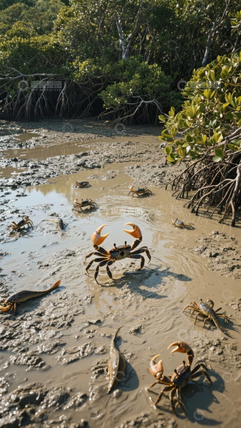 高清大图下载【趣麦麦图】红树林滩涂上螃蟹在泥泞中活动的自然景象