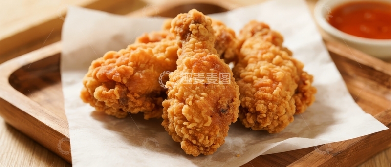 高清大图下载【趣麦麦图】金黄酥脆的炸鸡腿摆放在木质托盘上