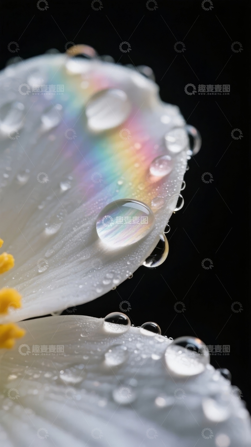 高清大图下载【趣麦麦图】花瓣上的水滴折射出彩虹光晕