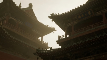 古建筑在薄雾中的静谧景象