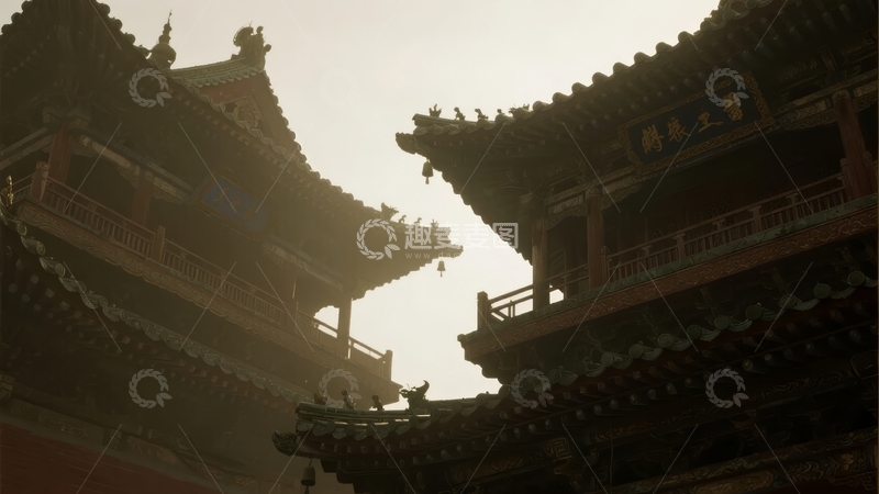 高清大图下载【趣麦麦图】古建筑在薄雾中的静谧景象