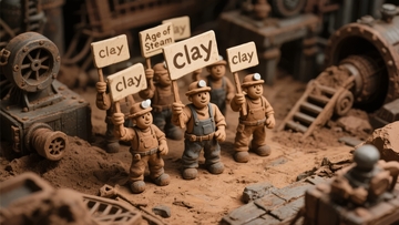 微型工人手持‘clay’标语在工业场景中