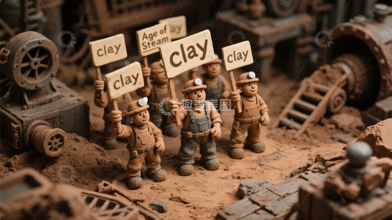 高清大图下载【趣麦麦图】微型工人手持&lsquo;clay&rsquo;标语在工业场景中
