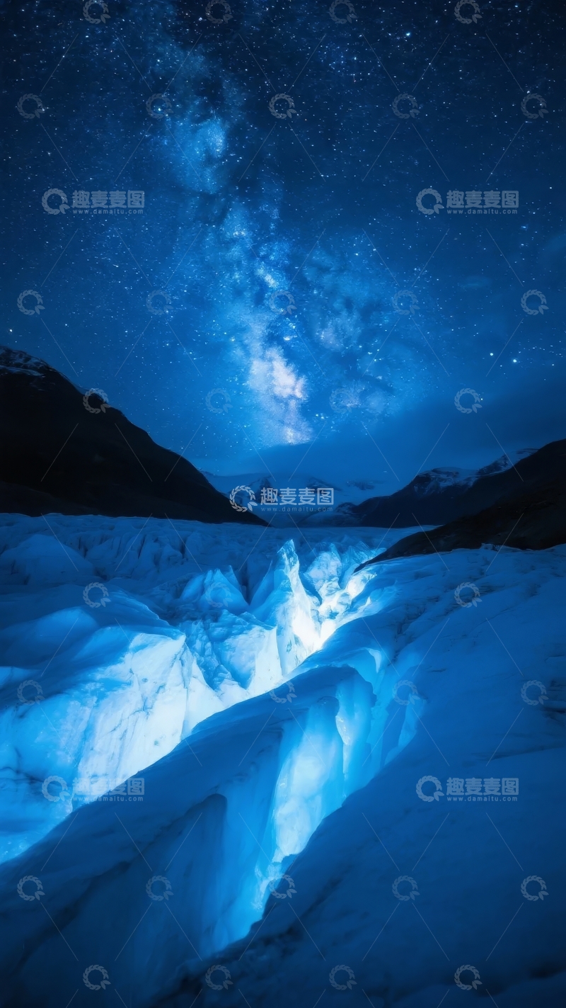 高清大图下载【趣麦麦图】夜空下冰川裂隙映衬银河壮丽景象