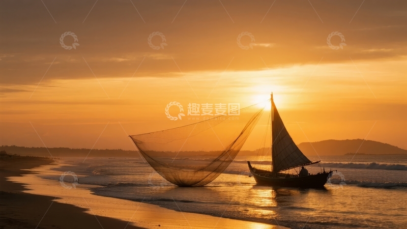 高清大图下载【趣麦麦图】夕阳下渔船与渔网在海滩边的宁静景象