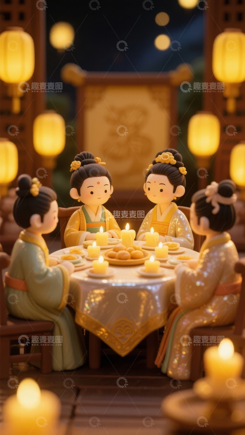 四位身着古装女子在灯笼点缀的庭院中围坐宴饮