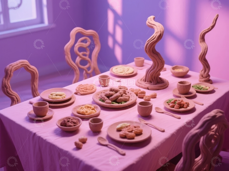 高清大图下载【趣麦麦图】紫色光影下的创意餐桌艺术摆拍