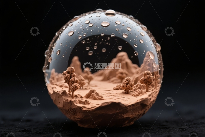 高清大图下载【趣麦麦图】透明球体内微型沙漠景观与水滴细节