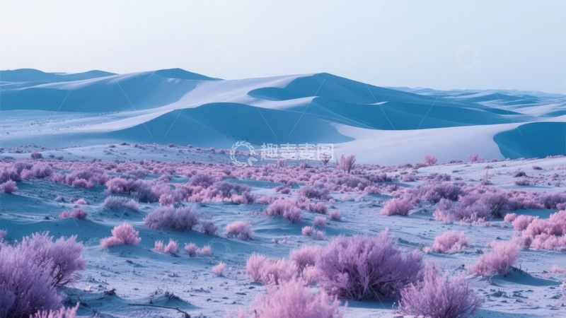高清大图下载【趣麦麦图】沙漠沙丘与粉紫色植被的梦幻景观