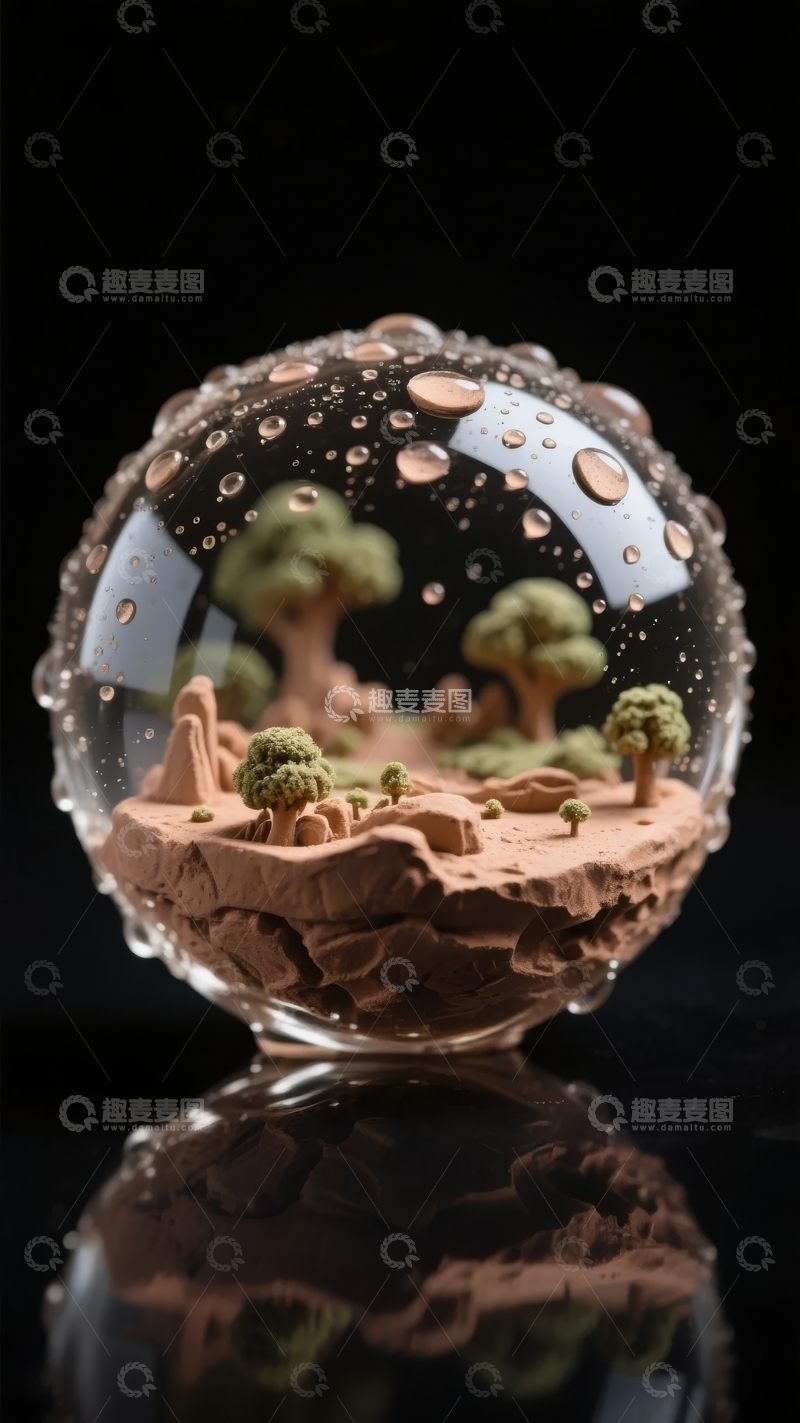 高清大图下载【趣麦麦图】微型景观球内绿树与岩石的精致微缩世界