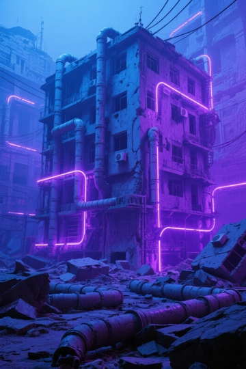 废弃建筑在霓虹紫光下呈现未来科技感
