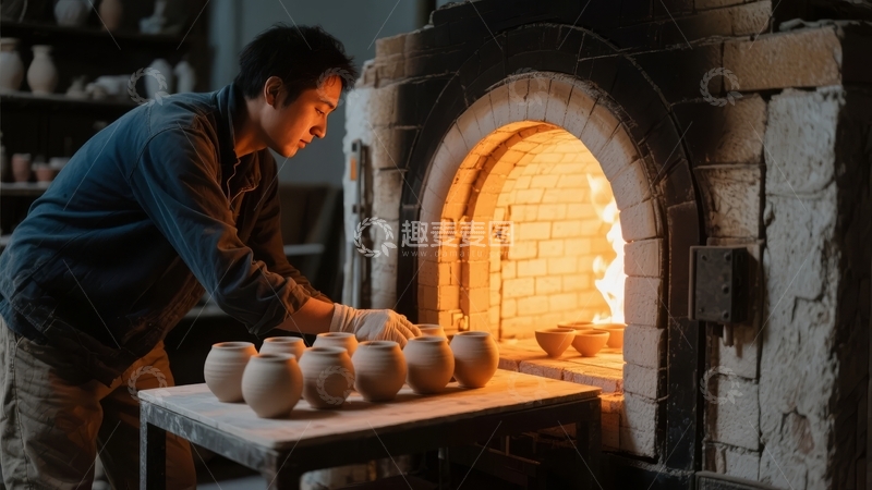 高清大图下载【趣麦麦图】陶艺师在窑炉前摆放待烧制的陶瓷器皿