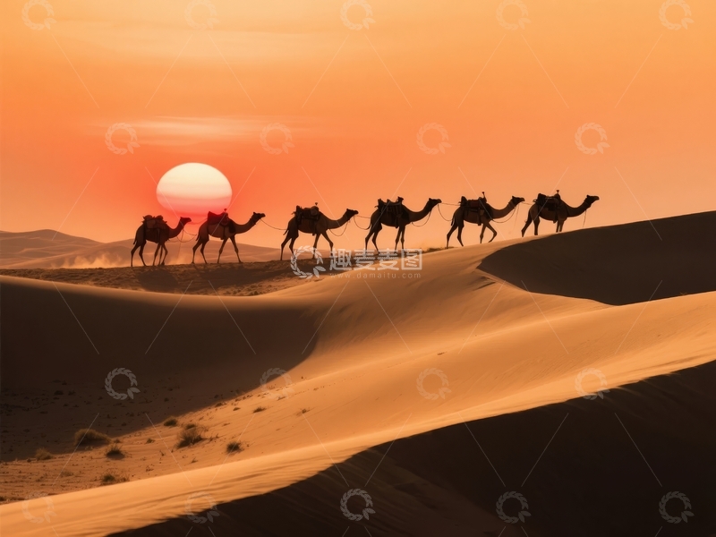 高清大图下载【趣麦麦图】骆驼队在日落时分穿越沙漠沙丘