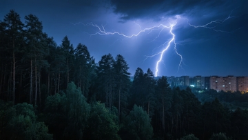 雷电划破夜空照亮森林与城市景观