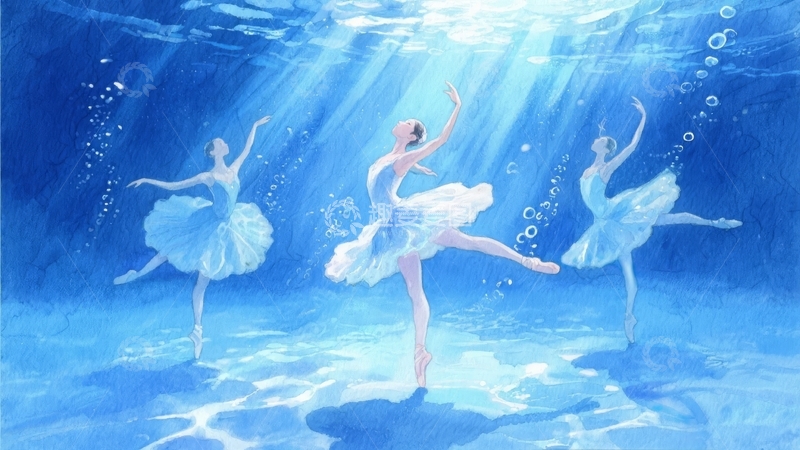 高清大图下载【趣麦麦图】三位芭蕾舞者在蓝色水下优雅起舞