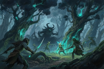 奇幻森林中战士与恶魔对峙的紧张场景