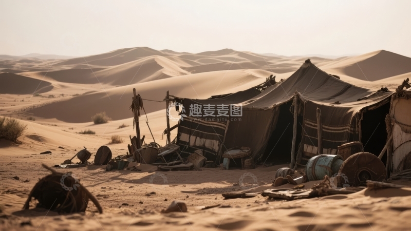 高清大图下载【趣麦麦图】沙漠中的帐篷营地散落着各种生活用品