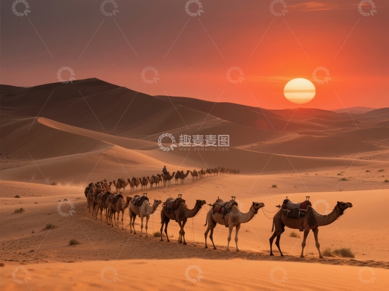 高清大图下载【趣麦麦图】驼队穿越沙漠夕阳下的壮丽景象
